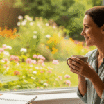 Mulher madura admirando a vista de um belo jardim, apreciando uma xícara de chá